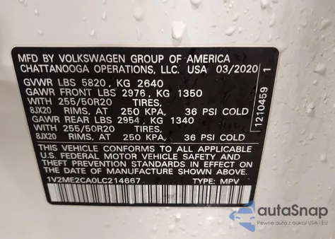 2020 Volkswagen Atlas Cross Sport 3.6L V6 Sel z USA, uszkodzony, nr VIN 1V2ME2CA0LC214667